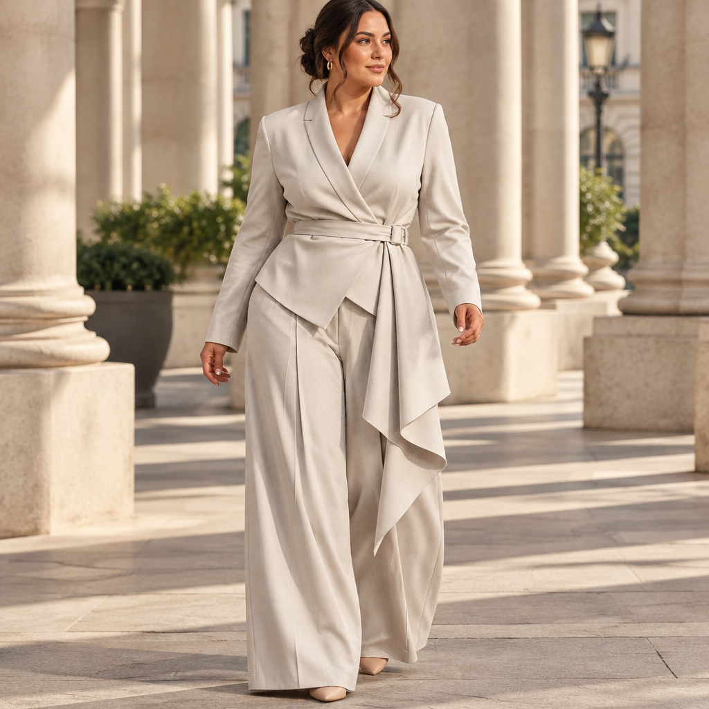 Plus-size beige belted blazer and wide-leg pants set styled in a city colonnade