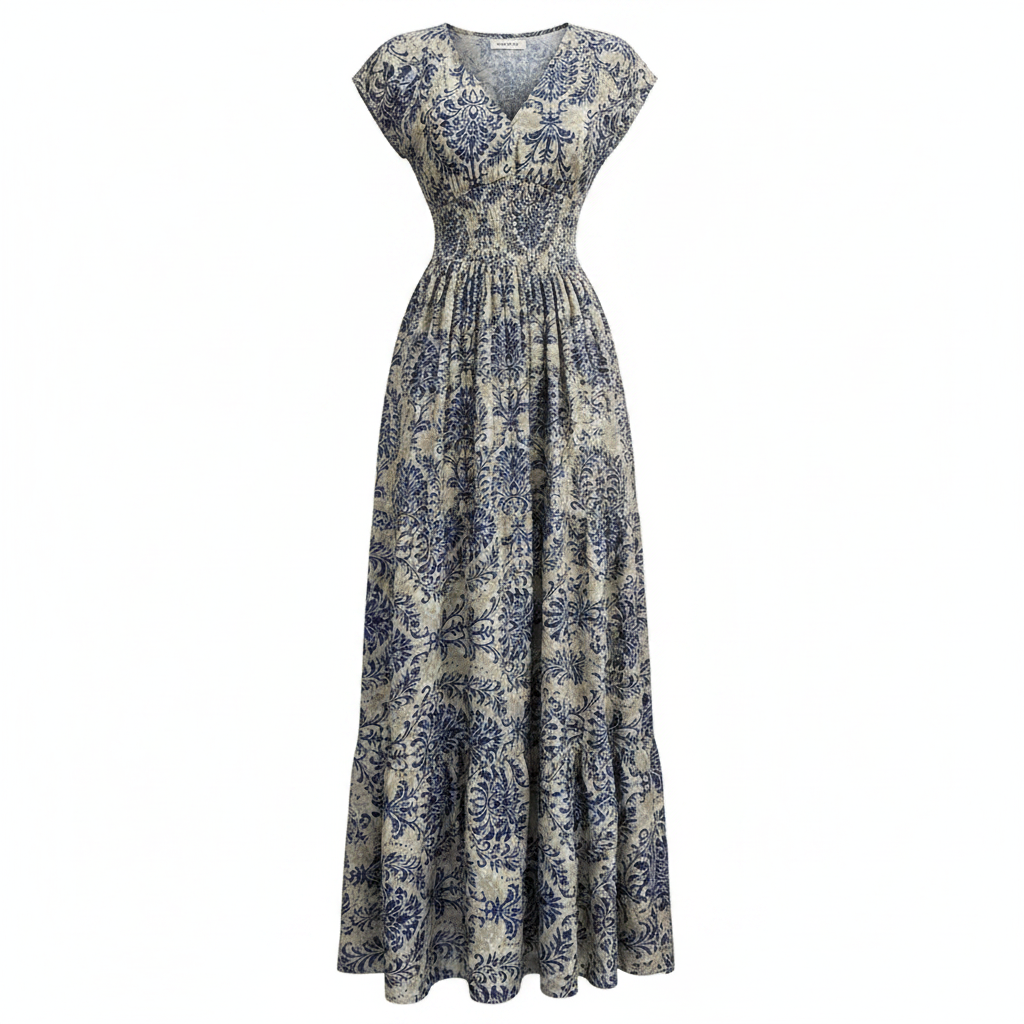 Blue Flower Printed Cap Sleeve Maxi Dress - Product Shot