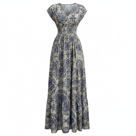 Blue Flower Printed Cap Sleeve Maxi Dress - Product Shot