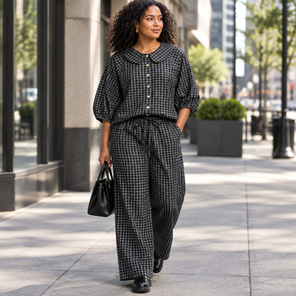 Black plaid button-up shirt and matching pants set in a downtown setting
