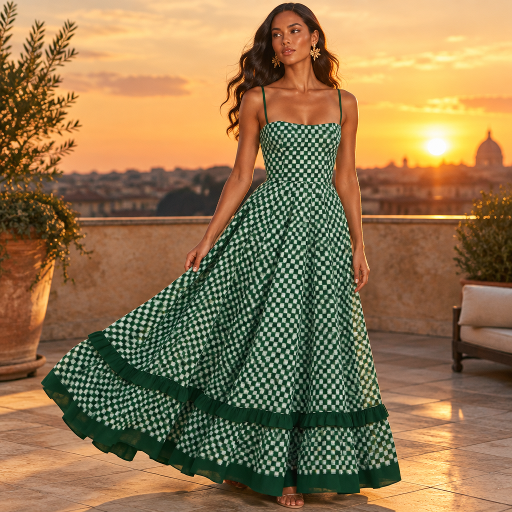 Green checkered spaghetti strap maxi dress on a rooftop at sunset