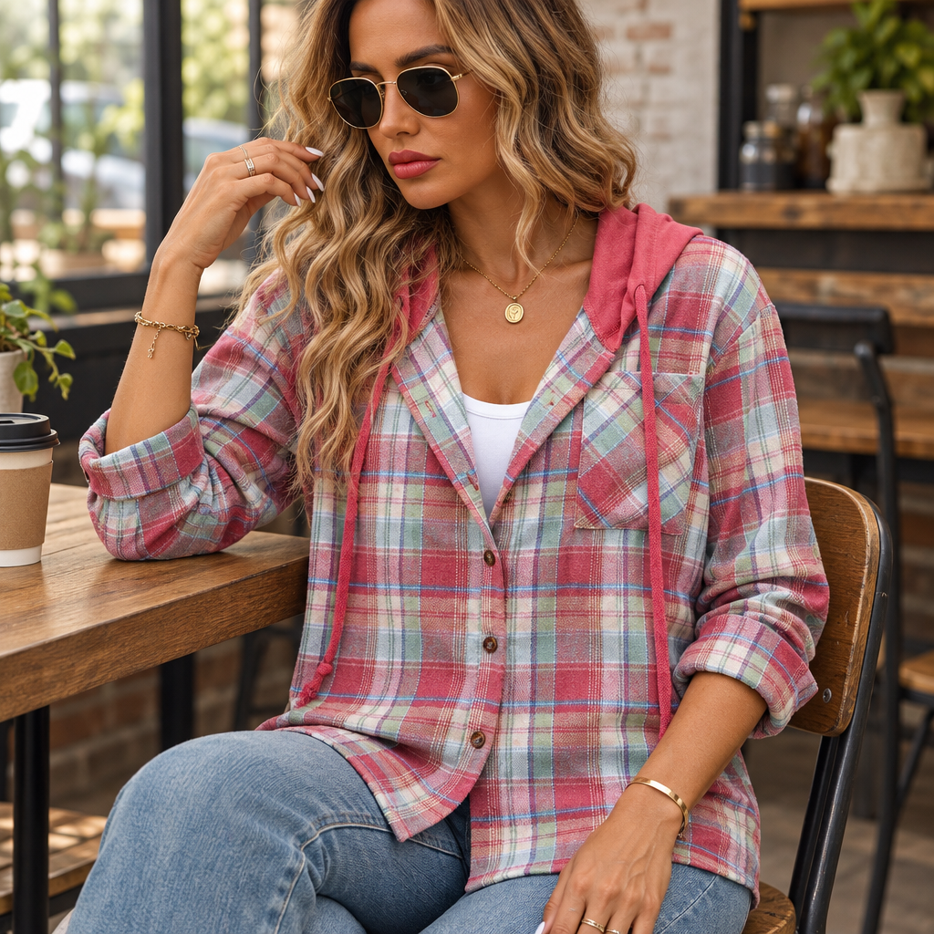 Red plaid button-up hooded shirt styled in a rustic cafe