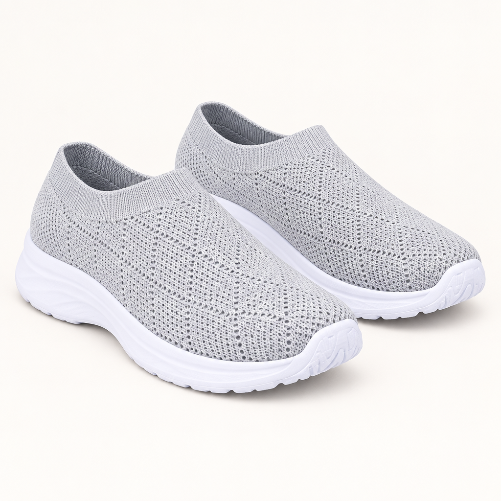 Gray breathable mesh round toe shoes, studio view