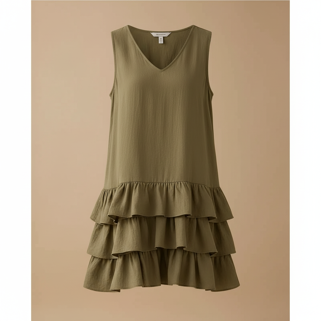 Khaki Ruffled Hem V-Neck Sleeveless Dress - Product Shot