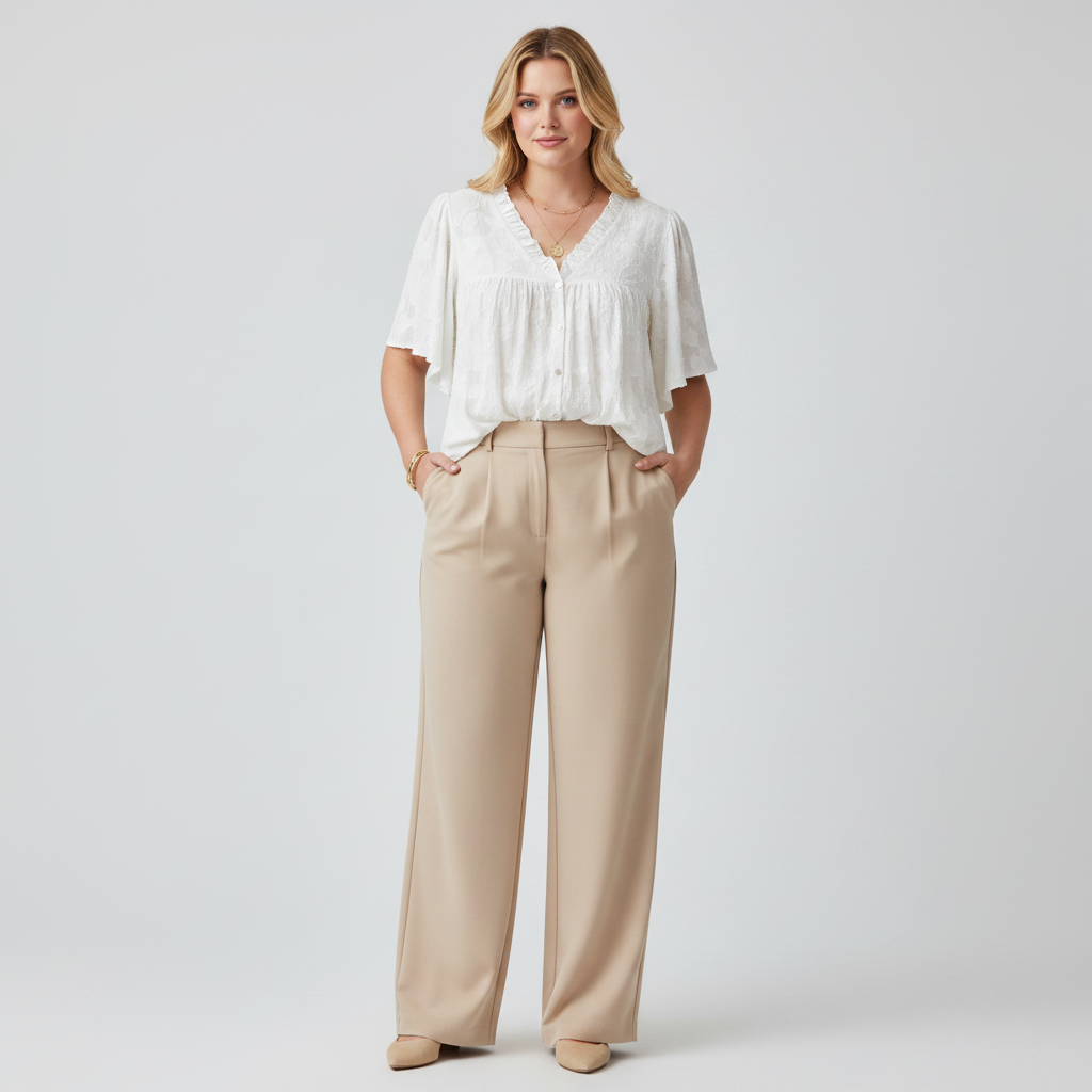 White textured V-neck button-down shirt - studio front view