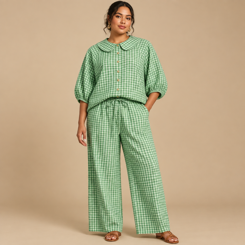 Green plaid button-up shirt and matching pants set in a studio view