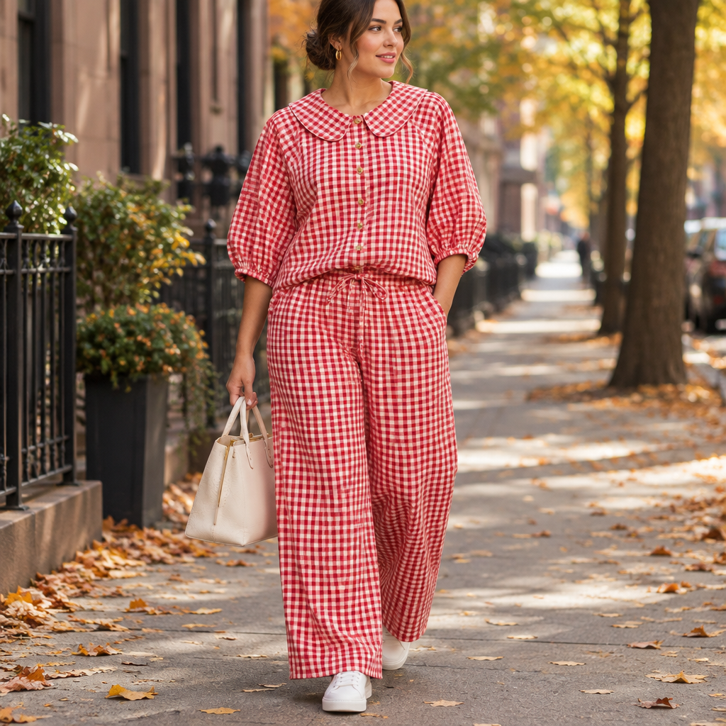 Red plaid button-up shirt and matching pants set on an autumn city sidewalk