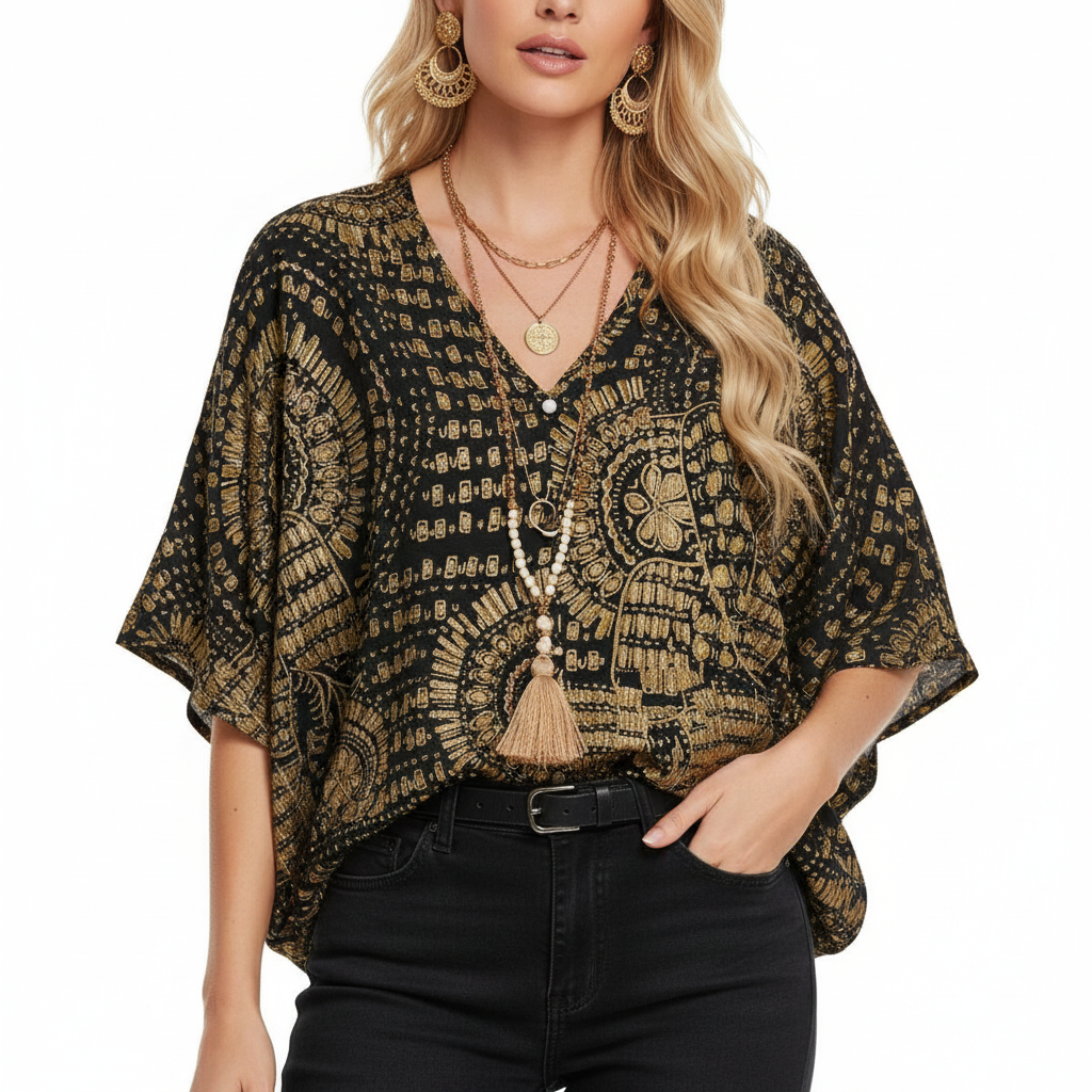Black boho printed V-neck half sleeve top - close-up