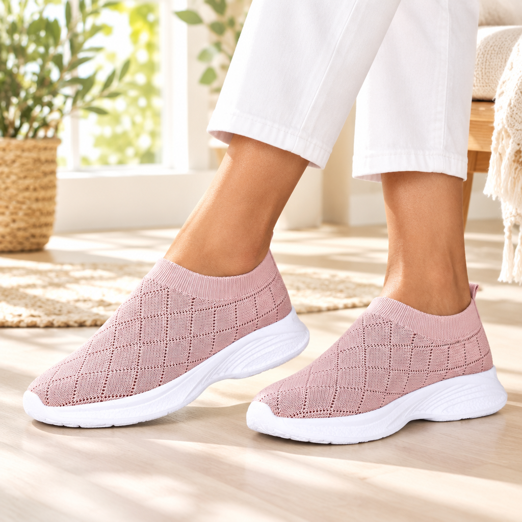 Pink breathable mesh round toe shoes styled with trousers