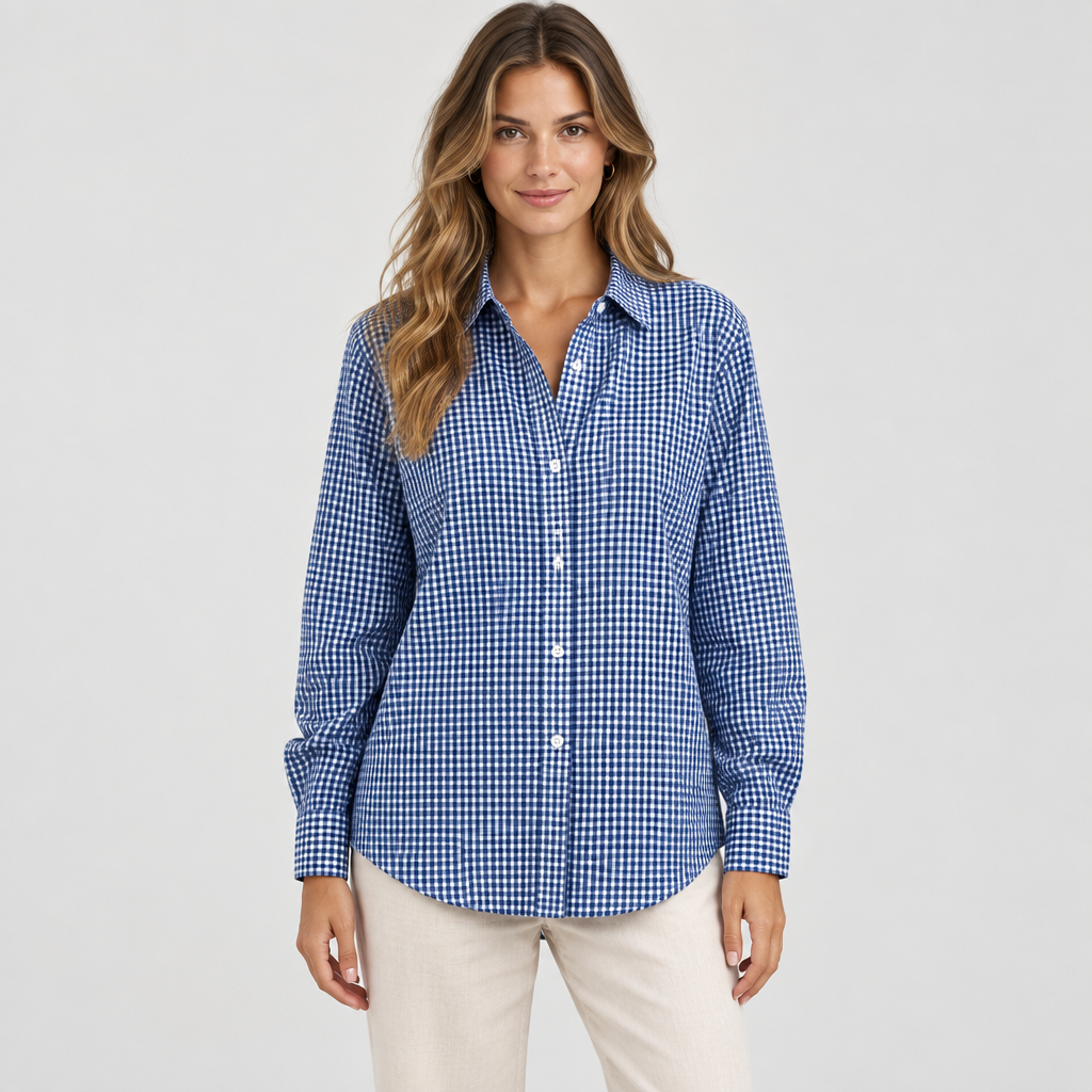 Blue plaid button-up shirt on a slim adult model