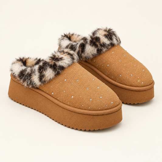 Brown rhinestone faux fur platform slippers, studio view