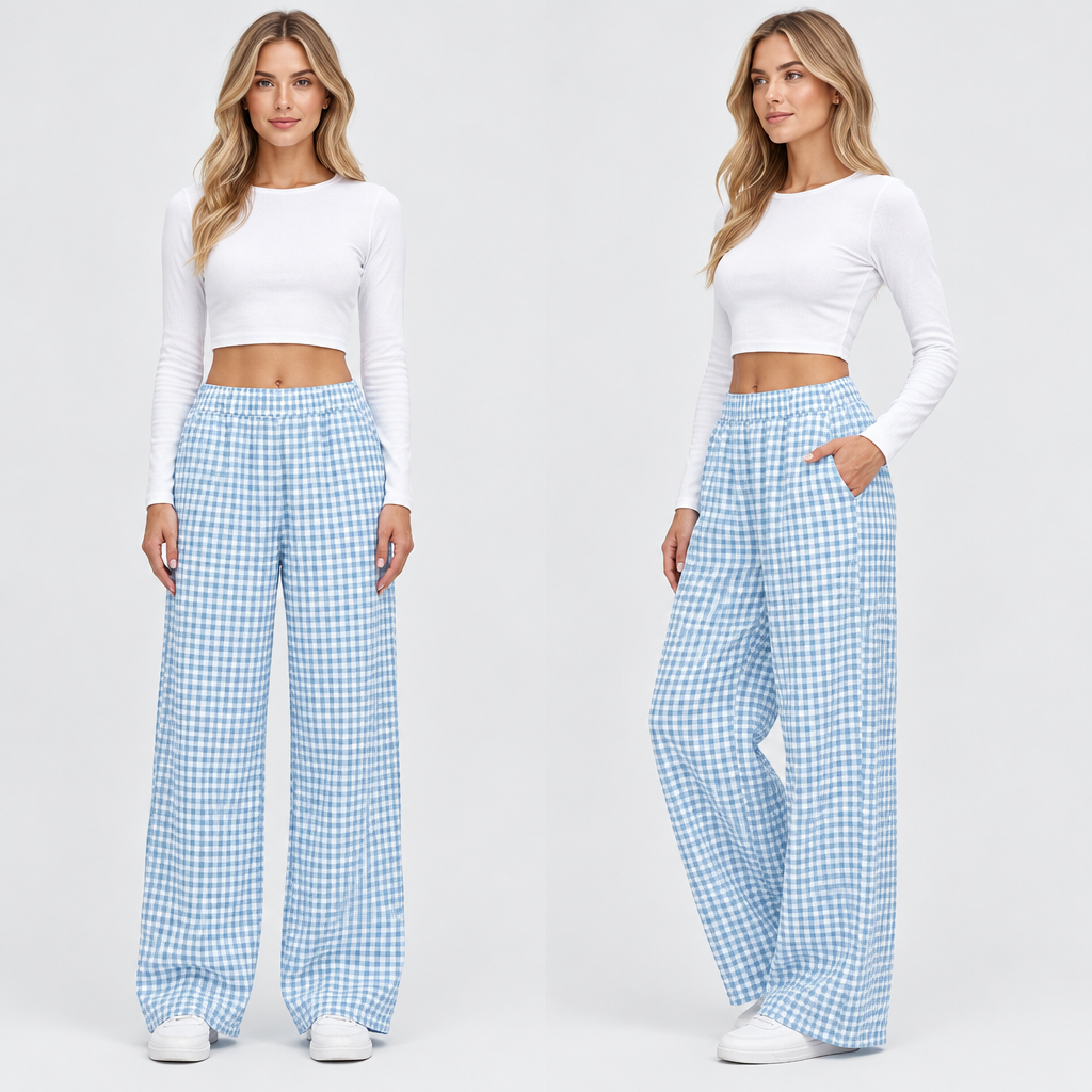 Light blue plaid wide-leg casual pants in a clear ecommerce product view