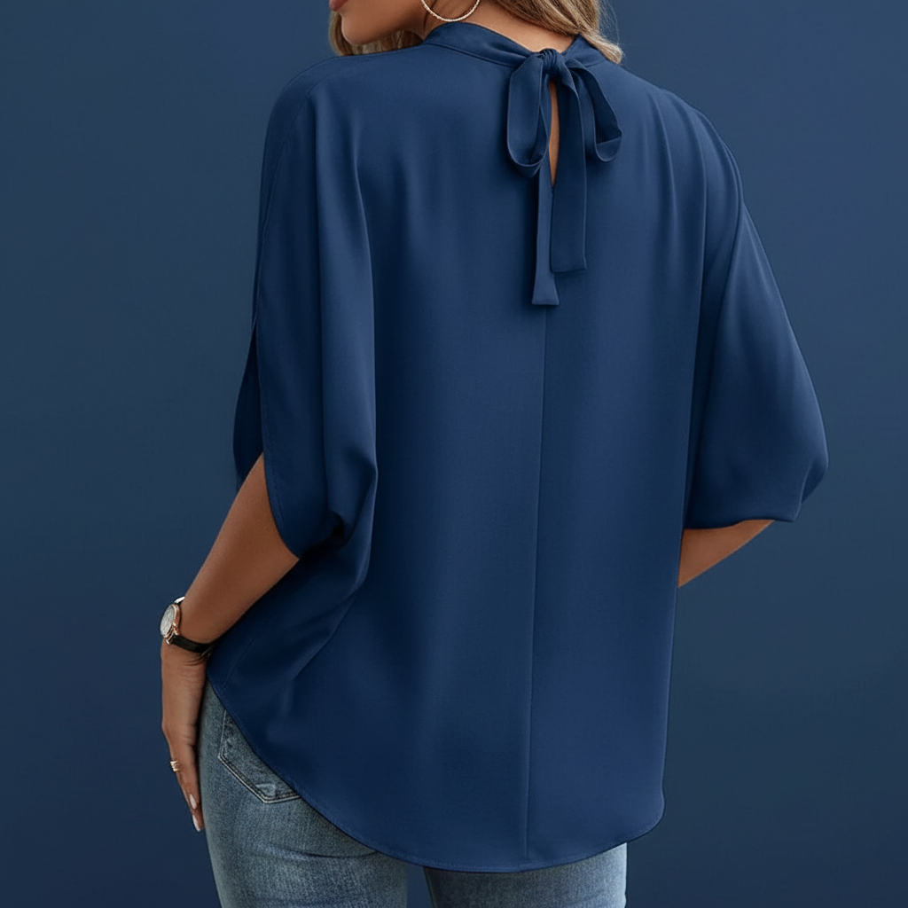 Royal Blue Tie Back Slit Half Sleeve Blouse - Detail