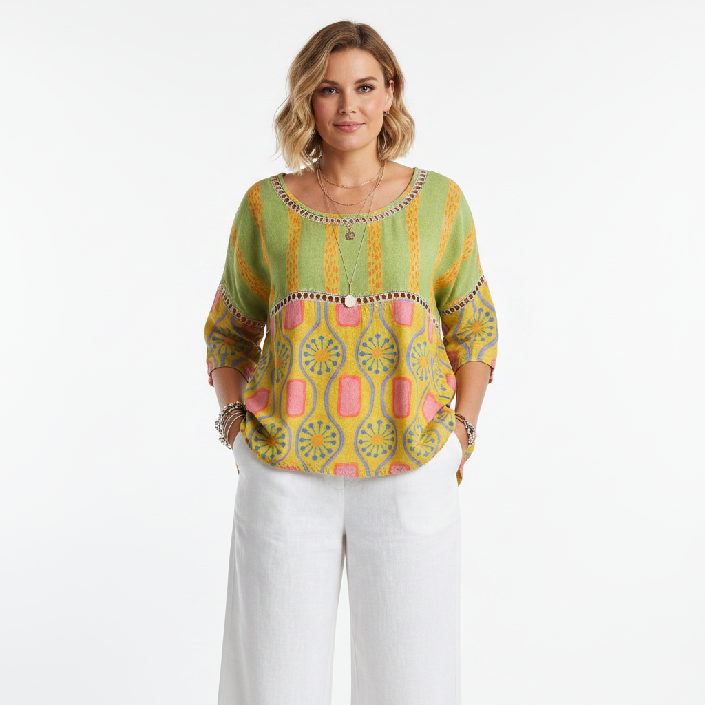 Yellow boho floral hollow-out round neck top