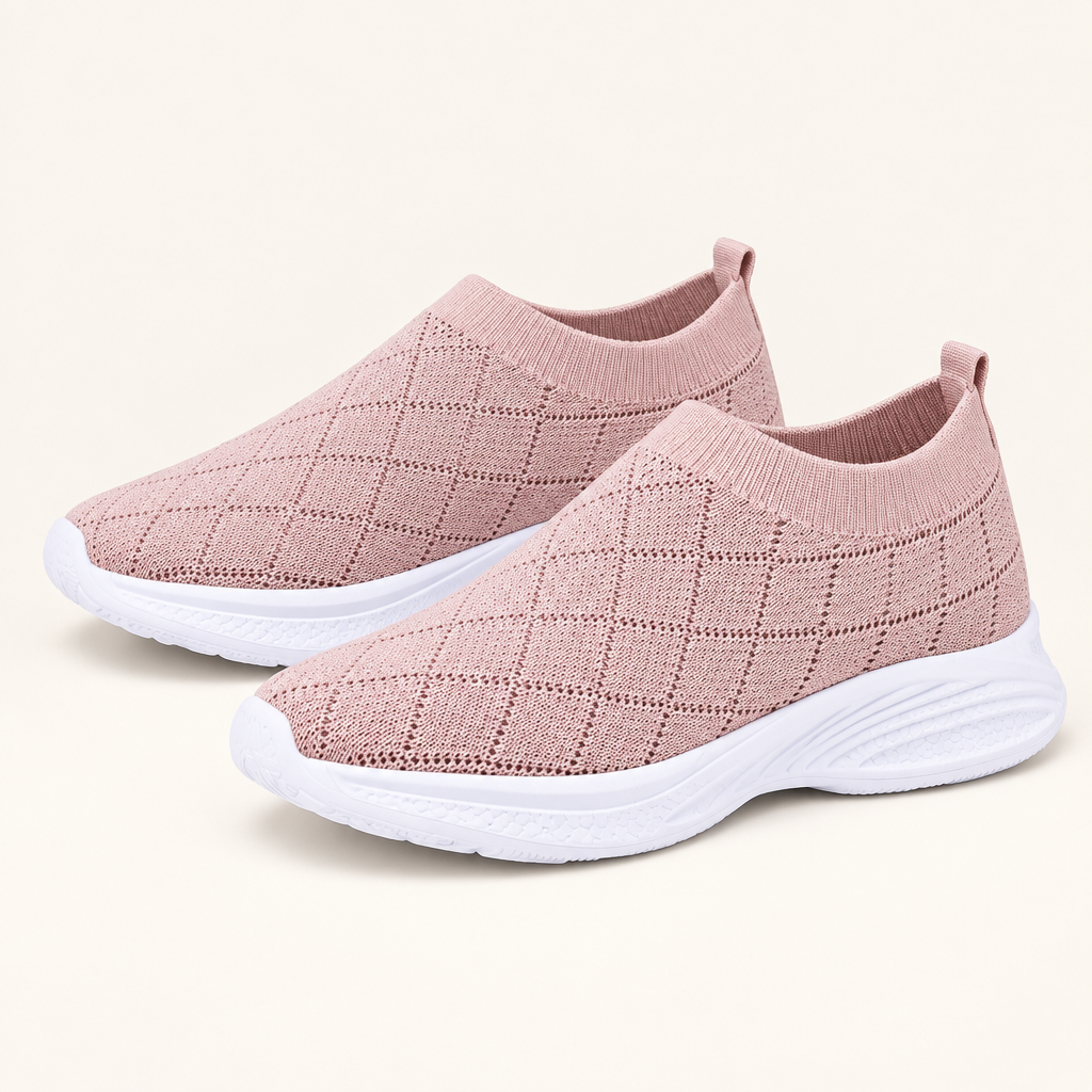 Pink breathable mesh round toe shoes, studio view
