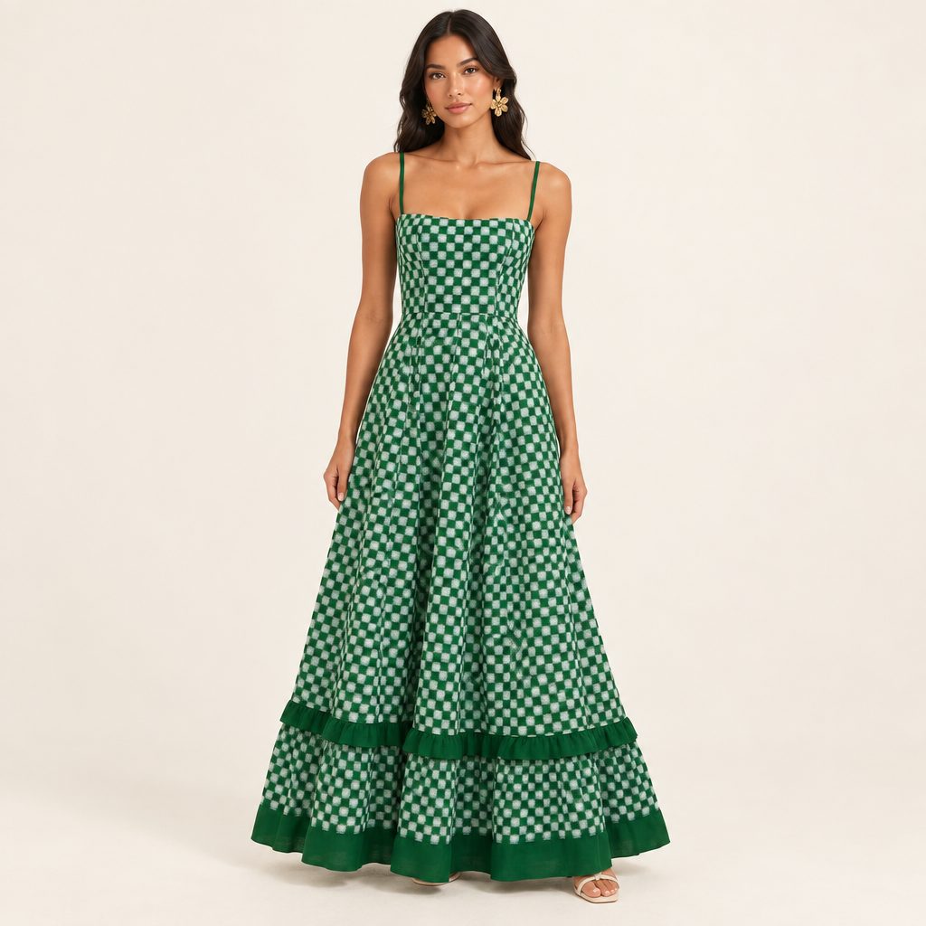 Green checkered spaghetti strap maxi dress in a full-length studio front view