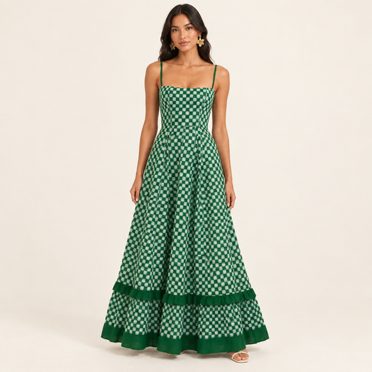 Green checkered spaghetti strap maxi dress in a full-length studio front view