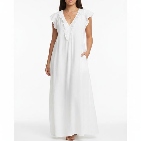 White Ruffled V-Neck Maxi Dress - Product Shot