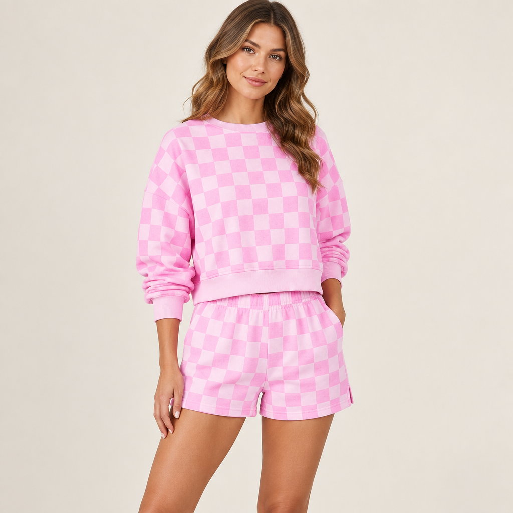 Pink checkerboard top and shorts set, three-quarter view