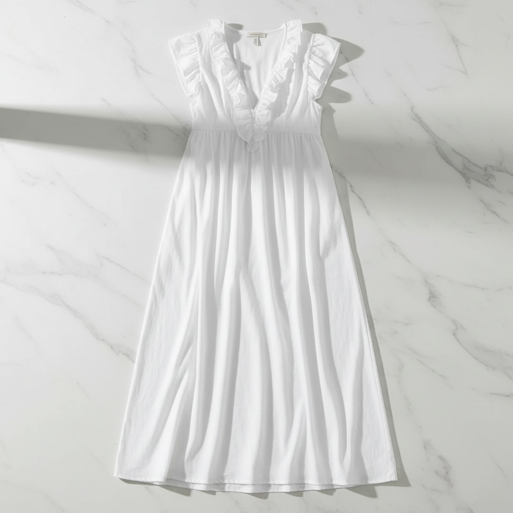 White Ruffled V-Neck Maxi Dress - Flat Lay