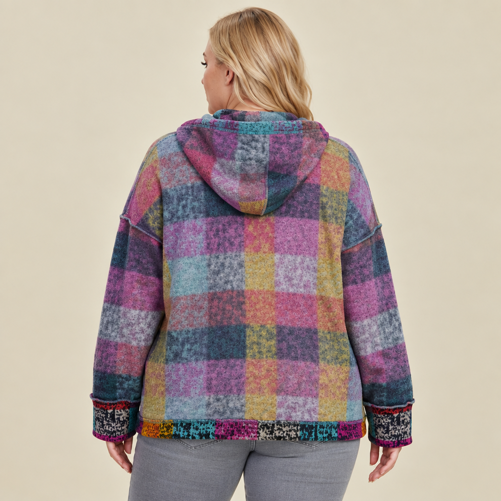 Heliotrope purple plaid dropped-shoulder fleece hoodie, back