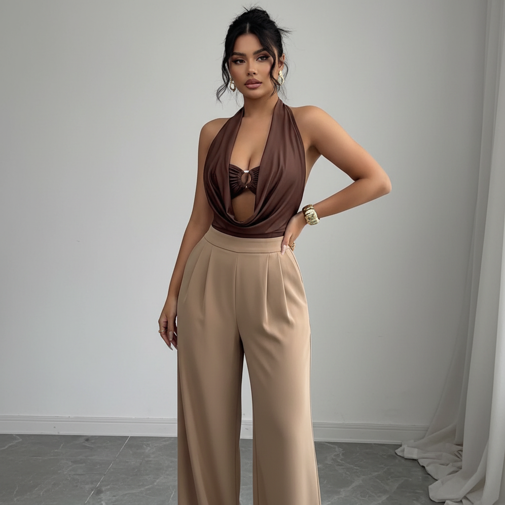 Halter Neck Ruched Ring Detail Bodysuit