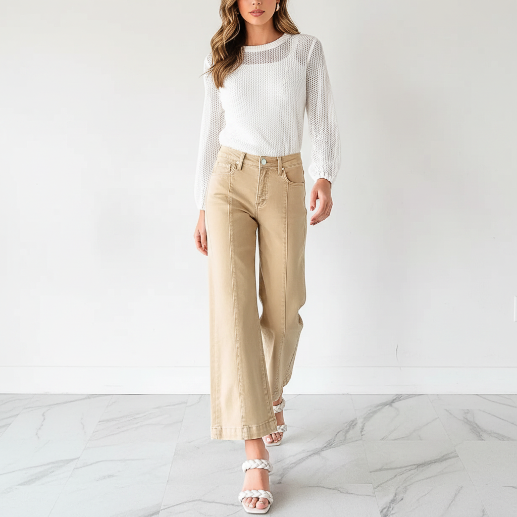 Solid Color Seamed Center Wide Leg Cropped Jeans