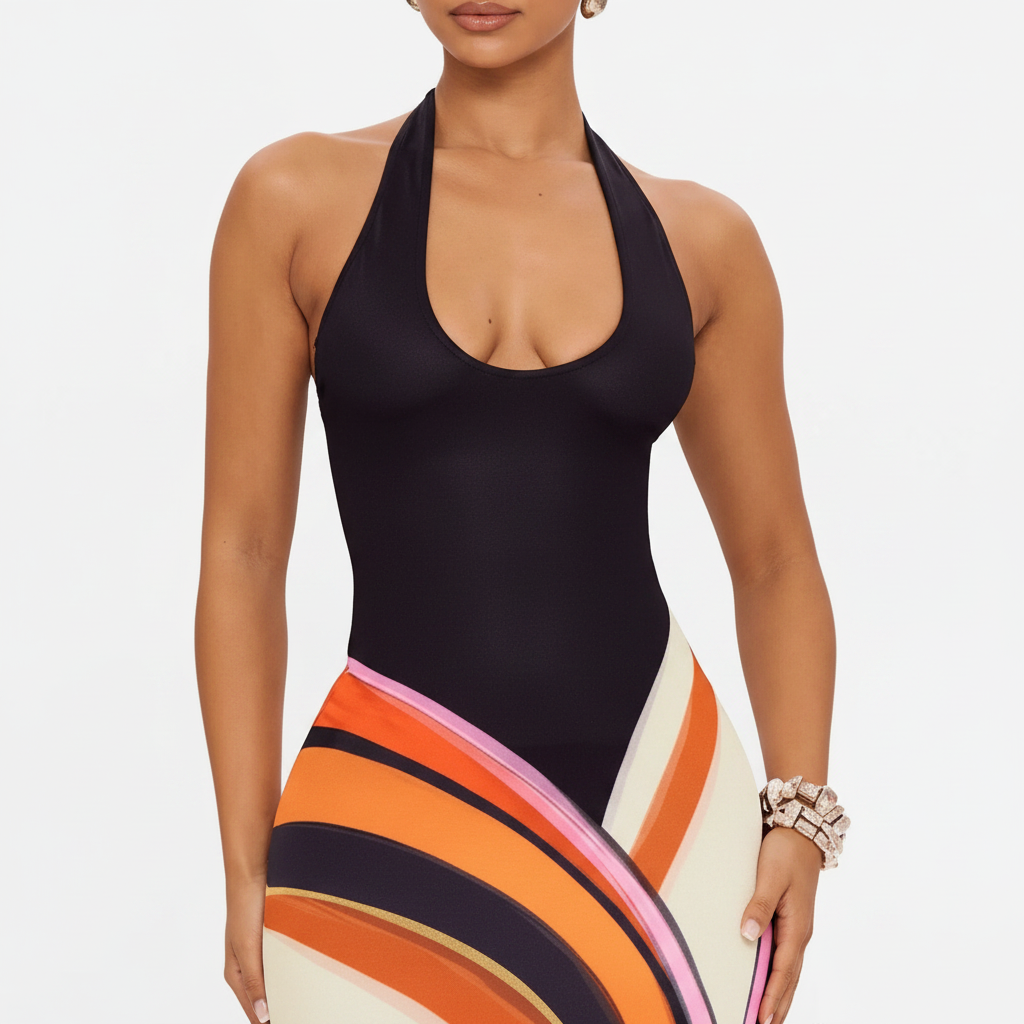 Halter Neck Maxi Dress with Abstract Print