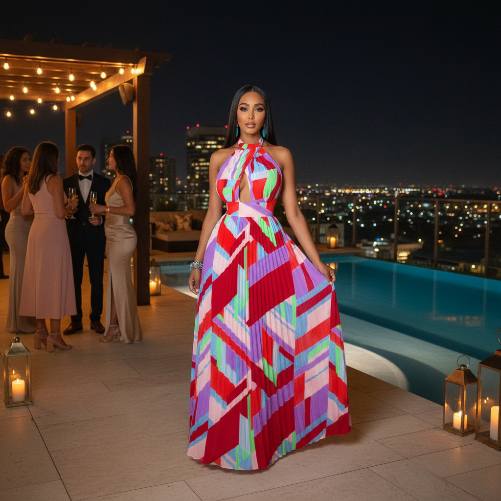 Halter Neck Geometric Print Pleated Maxi Dress