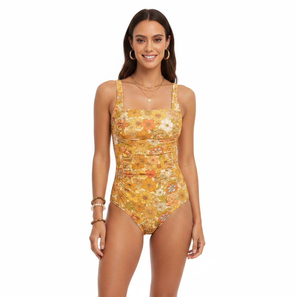 Printed Square Neck Wide Strap One-Piece Swimwear