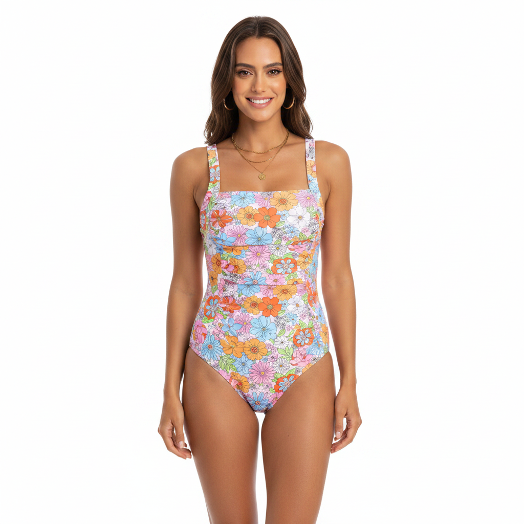 Printed Square Neck Wide Strap One-Piece Swimwear