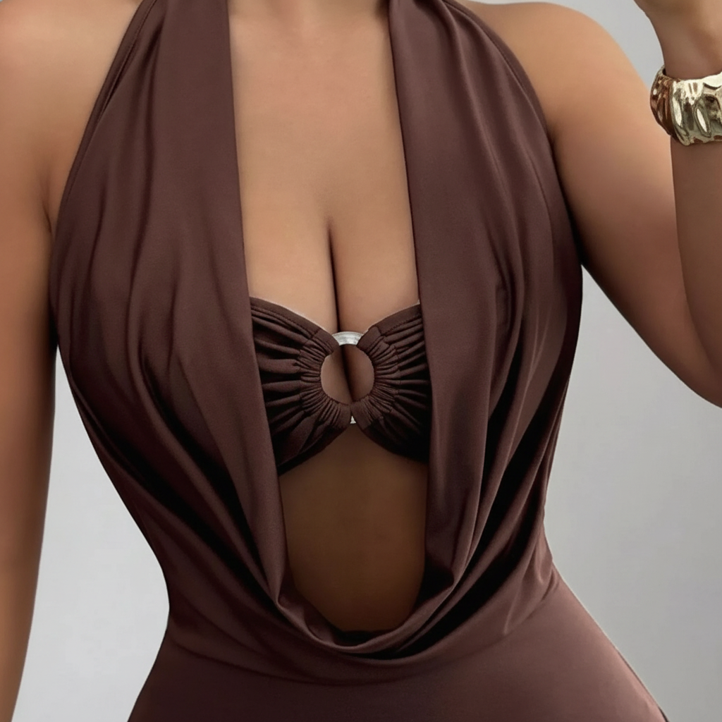 Halter Neck Ruched Ring Detail Bodysuit