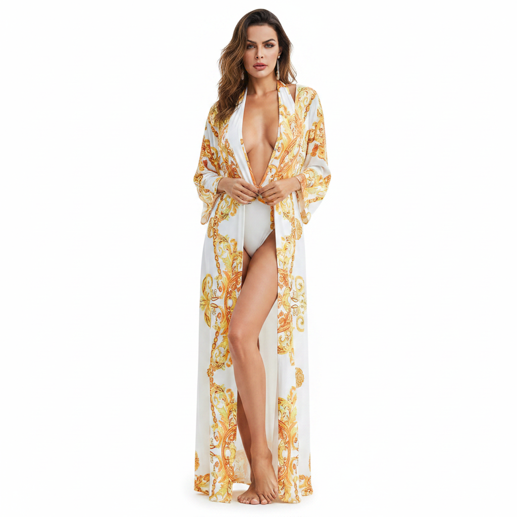 Printed Plunge Halter Neck Swimwear and Cardigan Set