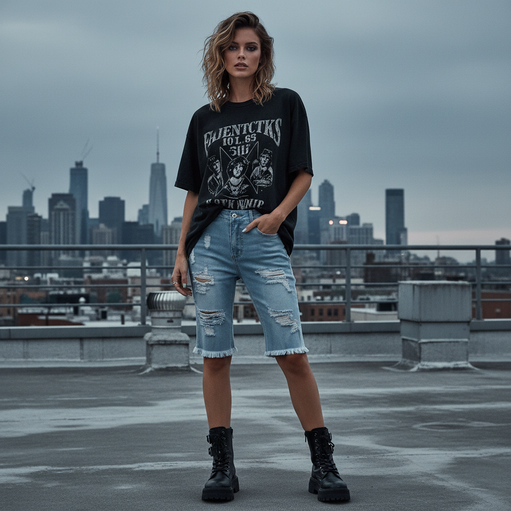 Distressed Raw Hem Denim Bermuda Shorts