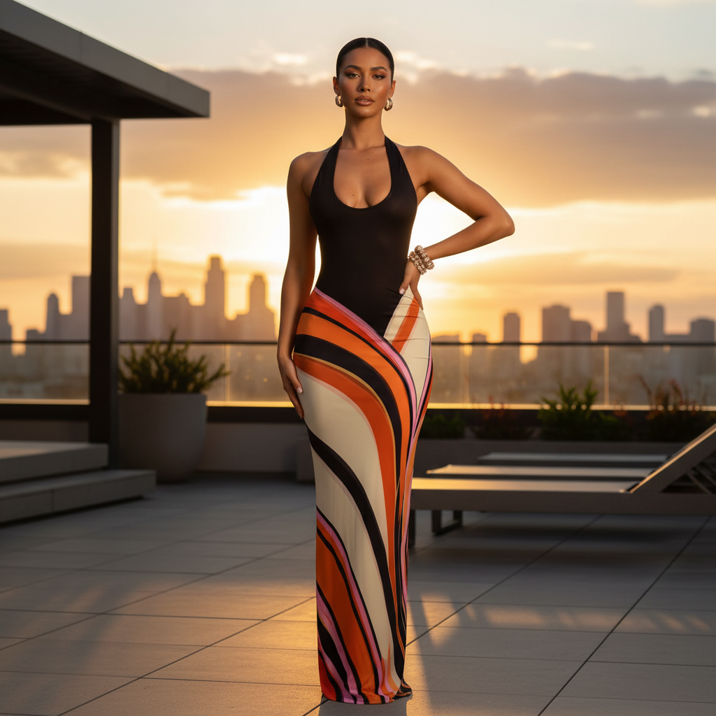 Halter Neck Maxi Dress with Abstract Print