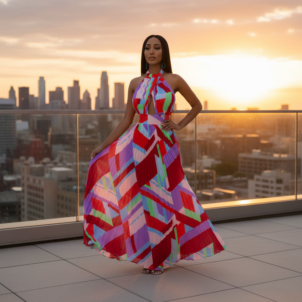Halter Neck Geometric Print Pleated Maxi Dress
