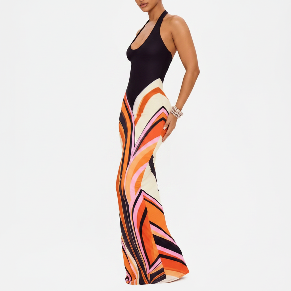 Halter Neck Maxi Dress with Abstract Print