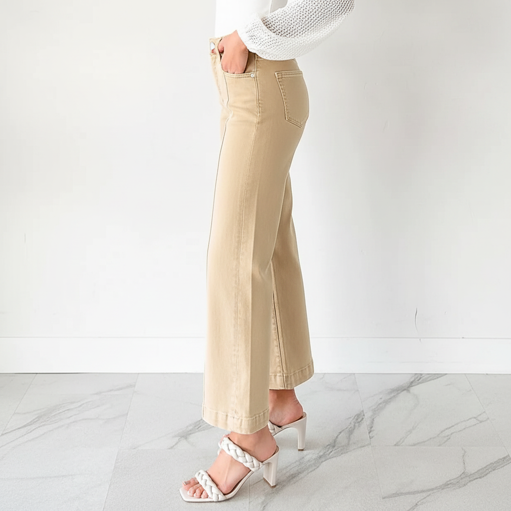 Solid Color Seamed Center Wide Leg Cropped Jeans