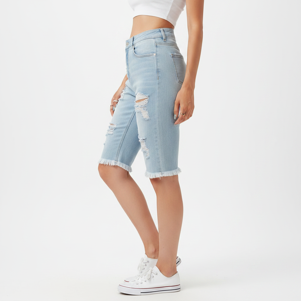 Distressed Raw Hem Denim Bermuda Shorts