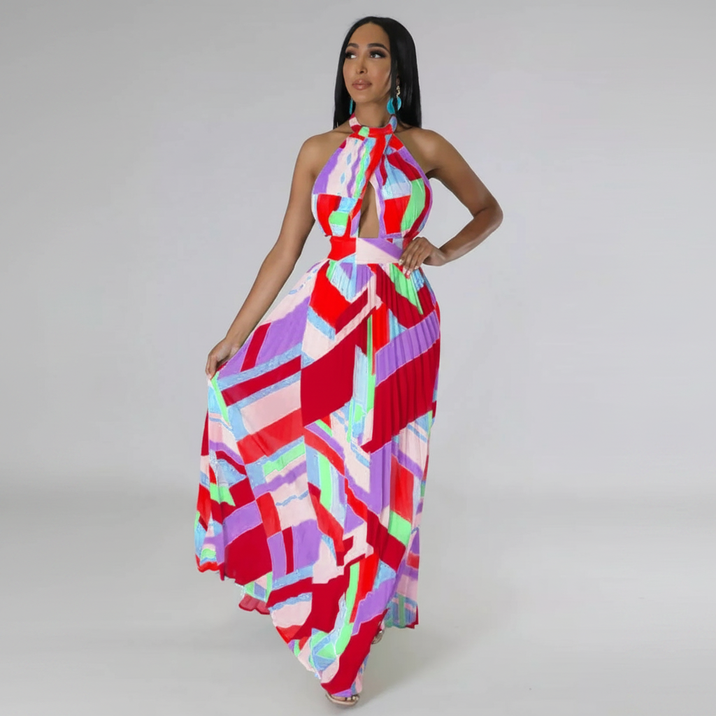 Halter Neck Geometric Print Pleated Maxi Dress