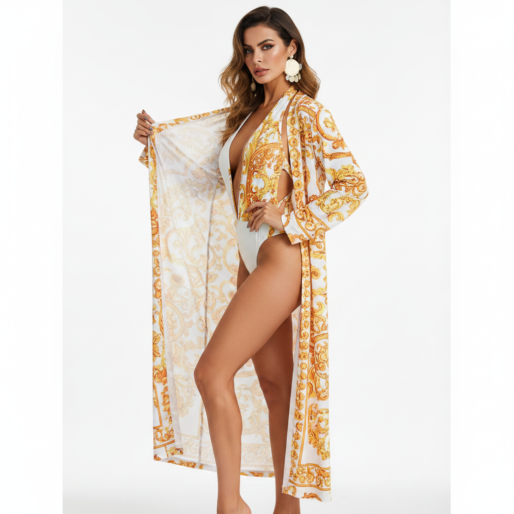 Printed Plunge Halter Neck Swimwear and Cardigan Set
