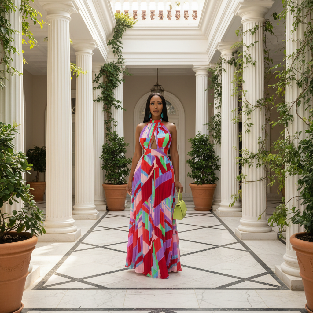 Halter Neck Geometric Print Pleated Maxi Dress