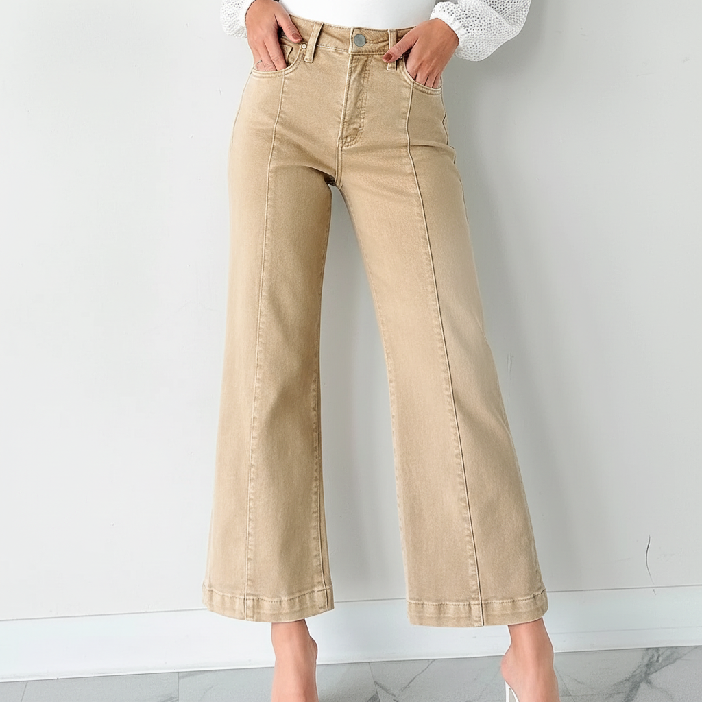 Solid Color Seamed Center Wide Leg Cropped Jeans