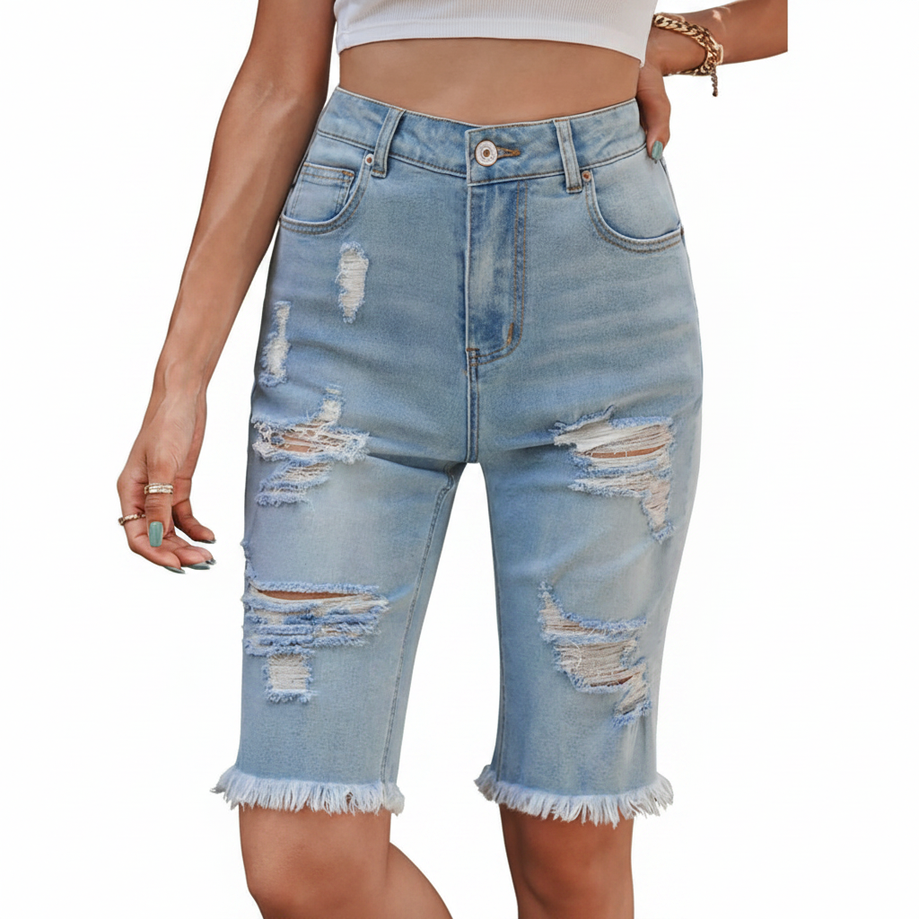 Distressed Raw Hem Denim Bermuda Shorts