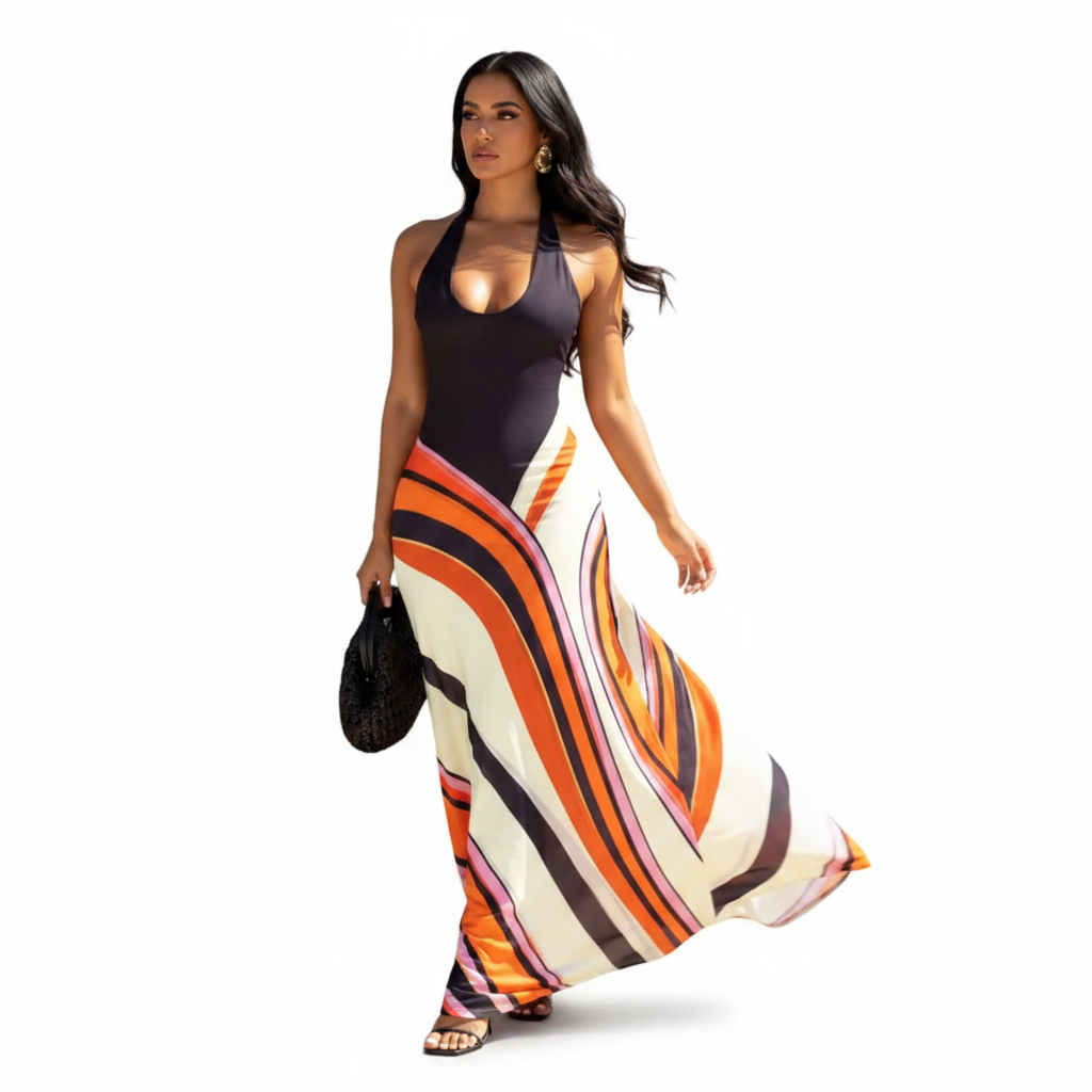 Halter Neck Maxi Dress with Abstract Print